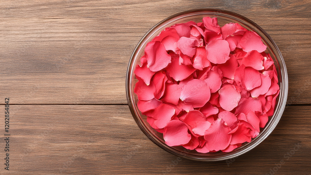 Fresh pink rose petals in glass bowl on wooden surface create serene and romantic atmosphere. Perfect for spa settings or decorative purposes Fresh pink rose petals in glass bowl on wooden surface create serene and romantic atmosphere. Perfect for spa settings or decorative purposes