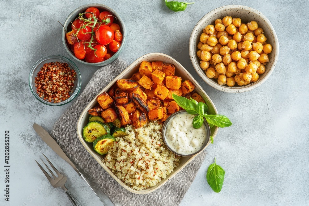 A creative display of a vegetarian lunch, featuring quinoa, roasted vegetables A creative display of a vegetarian lunch, featuring quinoa, roasted vegetables