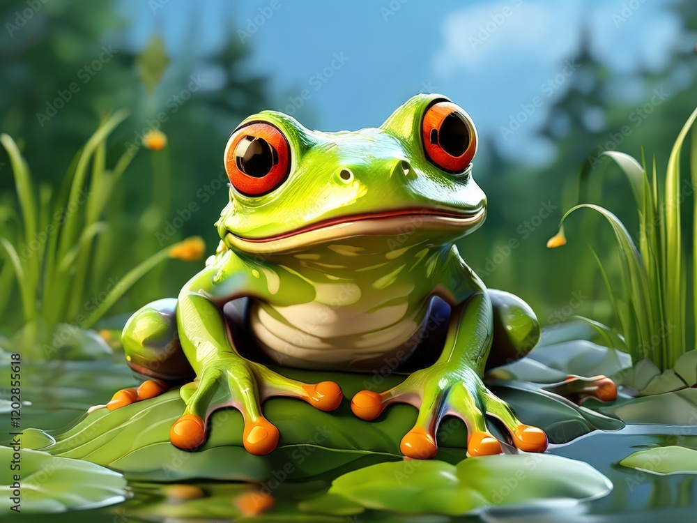 Fototapeta premium the AI Image Generator, Vivid Green Frog Resting