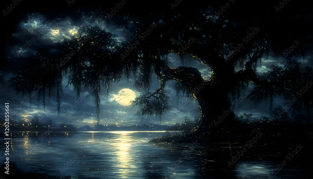 Naklejka premium Moonlit swamp oak, night lake, distant lights, fantasy art