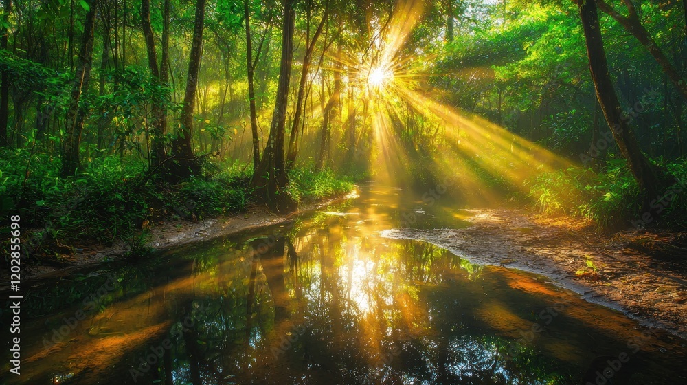 Obraz premium Sunbeams illuminating a tranquil forest stream.