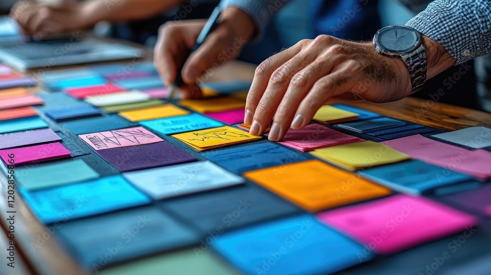 Fototapeta premium A person writing on colorful sticky notes during a brainstorming session.