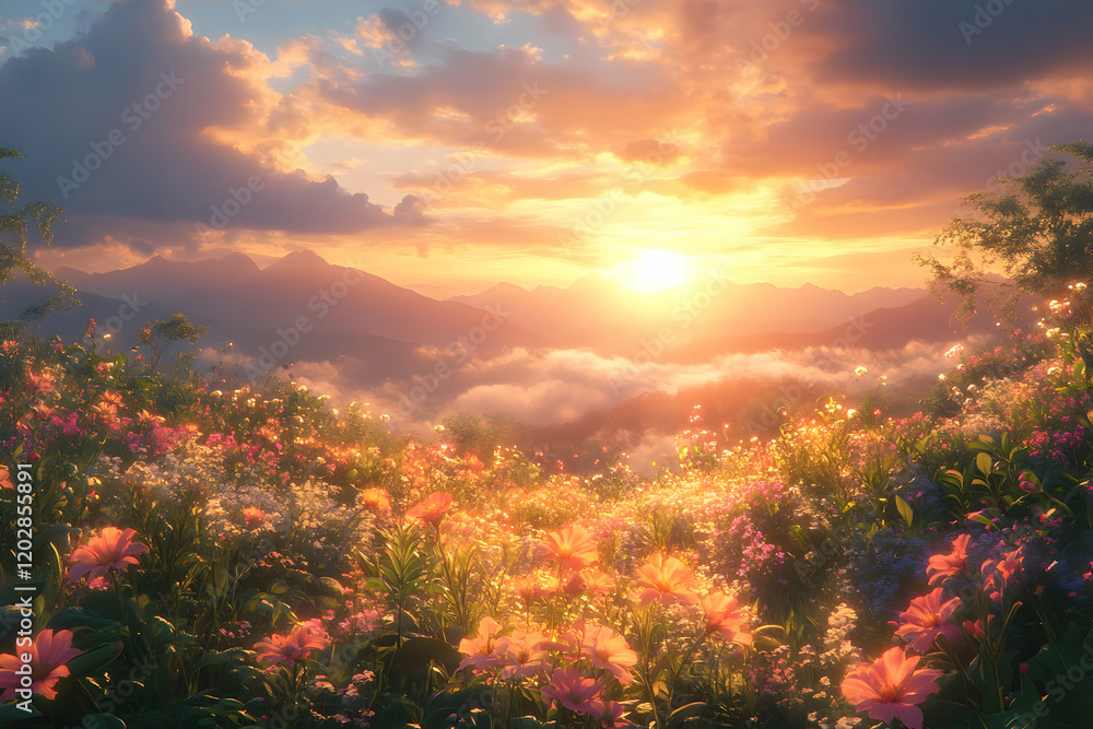 Fototapeta premium Sunset Mountain Meadow Flowers Peaceful Sunrise Wallpaper