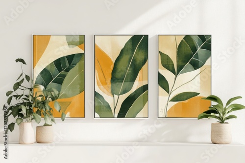 A botanical triptych with abstract tropical elements in green, beige, and yellow, designed for boho-inspired home decor.  photo