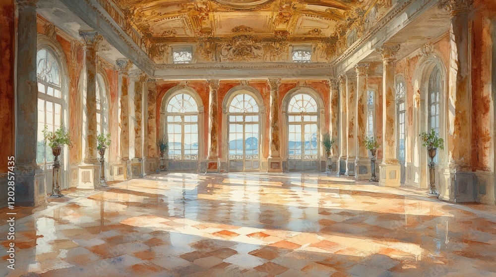 Fototapeta premium Sunlit grand hall, ornate details, marble floor, scenic view.