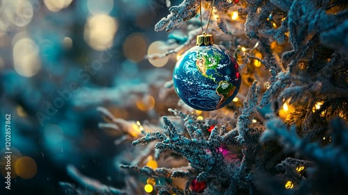 Christmas ornament featuring Earth hangs on a snowy tree with soft glowing lights in a festive setting during the winter season