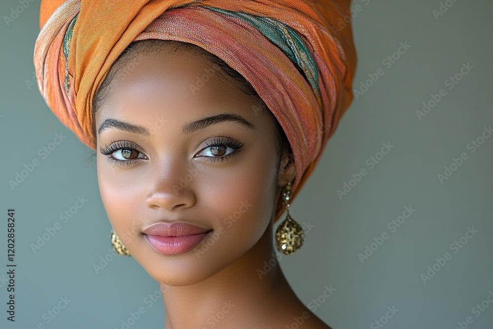A portrait of a woman wearing an orange headwrap and earrings, showcasing beauty and culture. A portrait of a woman wearing an orange headwrap and earrings, showcasing beauty and culture.