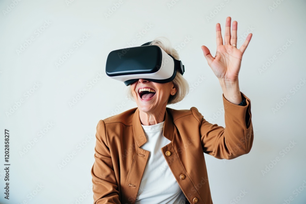 Excited Senior Woman Engaging with Virtual Reality Experience, Embracing Technology and Innovation in Modern Lifestyle Excited Senior Woman Engaging with Virtual Reality Experience, Embracing Technology and Innovation in Modern Lifestyle