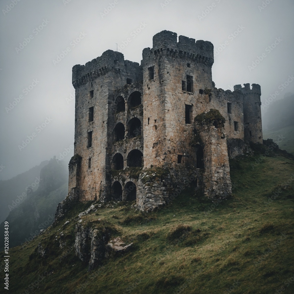 A crumbling medieval castle perched on a misty hilltop. A crumbling medieval castle perched on a misty hilltop.
