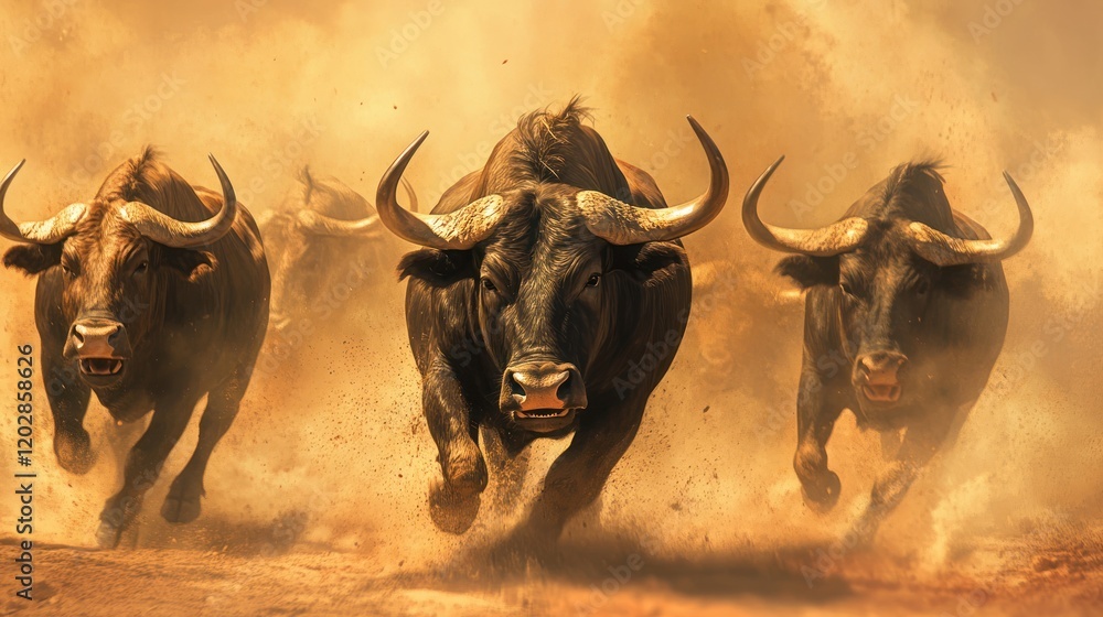 A herd of charging bulls kicking up dust in a dramatic scene. A herd of charging bulls kicking up dust in a dramatic scene.