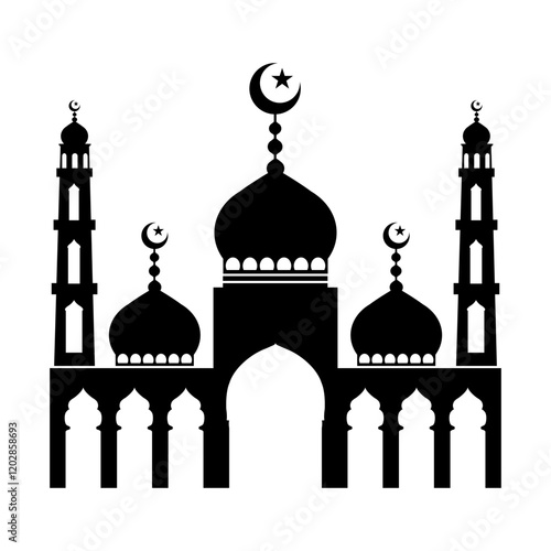 Islamic Mosque Silhouette with Minarets and Crescent Moon Design