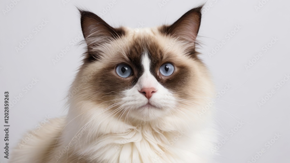 Portrait of Chocolate point ragdoll cat on grey background Portrait of Chocolate point ragdoll cat on grey background