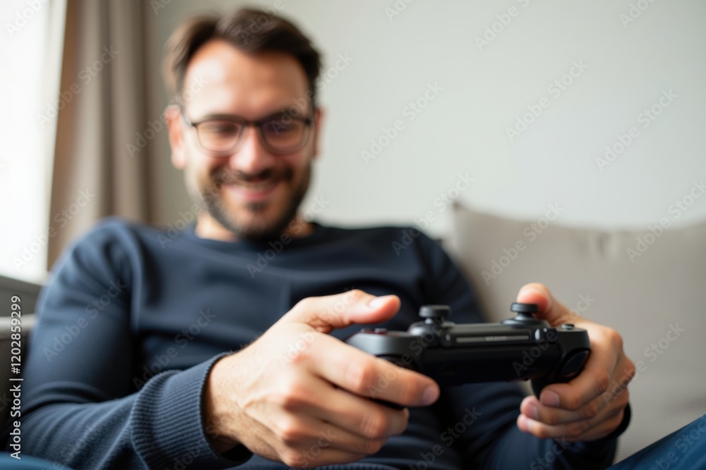 Happy Gamer Enjoying Video Game Experience at Home with Game Controller, Modern Lifestyle, Relaxation, and Entertainment Activities Happy Gamer Enjoying Video Game Experience at Home with Game Controller, Modern Lifestyle, Relaxation, and Entertainment Activities