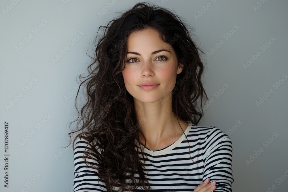 A woman with curly hair poses confidently against a plain background. A woman with curly hair poses confidently against a plain background.