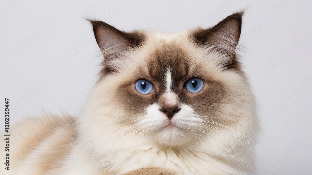 Portrait of Chocolate point ragdoll cat on grey background