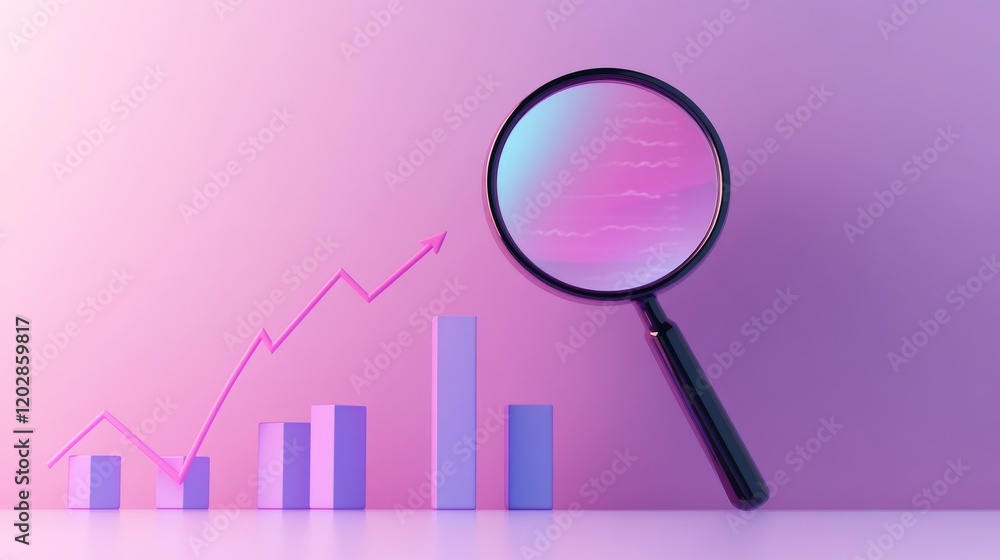 Financial growth chart through magnifying glass lens, ascending purple columns with gradient effect, light pink directional arrow, black handle with detailed texture, pastel pink environment, Financial growth chart through magnifying glass lens, ascending purple columns with gradient effect, light pink directional arrow, black handle with detailed texture, pastel pink environment,