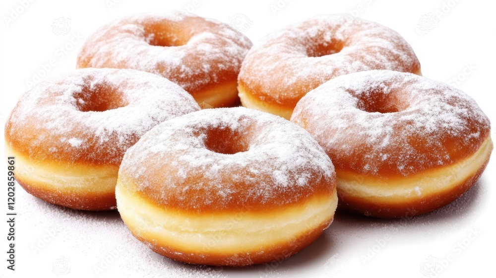 Five powdered sugar-coated donuts arranged together. Five powdered sugar-coated donuts arranged together.