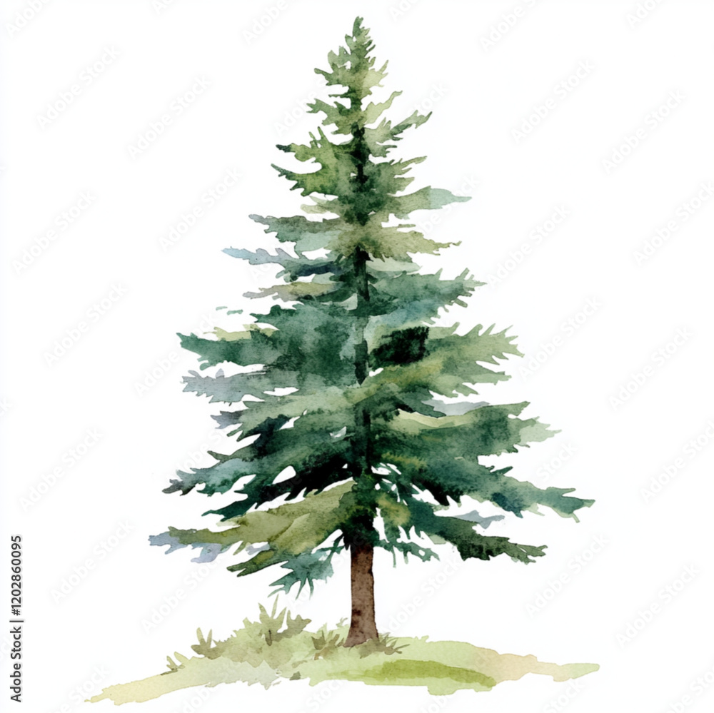 Obraz premium watercolor spring woodland pine tree, clipart, on white background