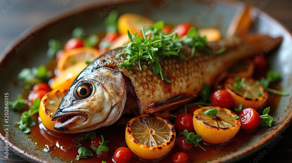 Gourmet Roasted Fish with Tomatoes, Lemon, and Fresh Herb Garnish Gourmet Roasted Fish with Tomatoes, Lemon, and Fresh Herb Garnish