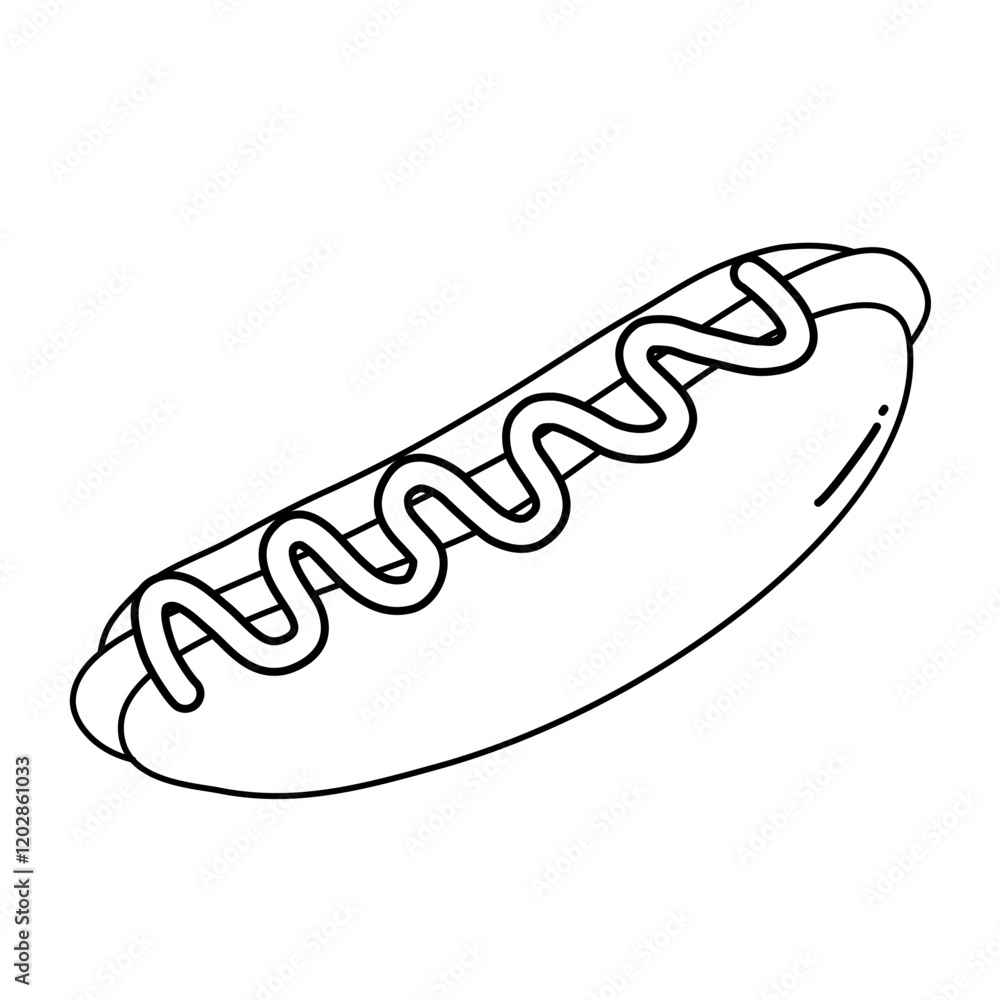 sausage with bun and mustard sauce, outline element sausage with bun and mustard sauce, outline element