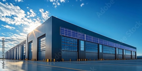  Modern industrial warehouse exterior with large solar panels and blue sky factory building 