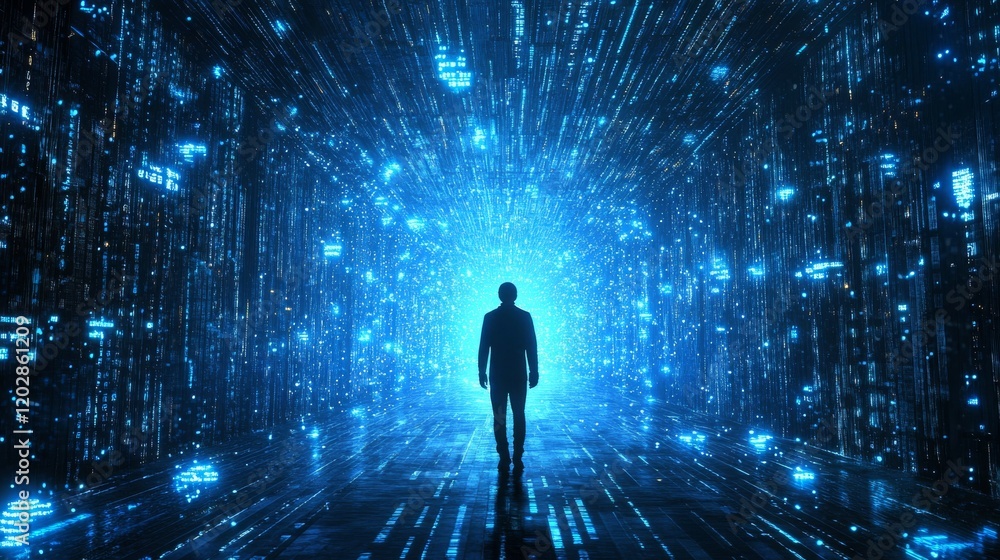 mysterious observer facing data corridor, glowing blue matrix elements, converging perspective lines, dramatic backlighting, streaming code aesthetic, deep tech atmosphere, volumetric light design, mysterious observer facing data corridor, glowing blue matrix elements, converging perspective lines, dramatic backlighting, streaming code aesthetic, deep tech atmosphere, volumetric light design,