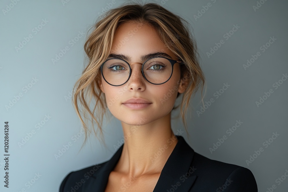 custom made wallpaper toronto digitalA confident young woman with glasses poses in a professional setting.