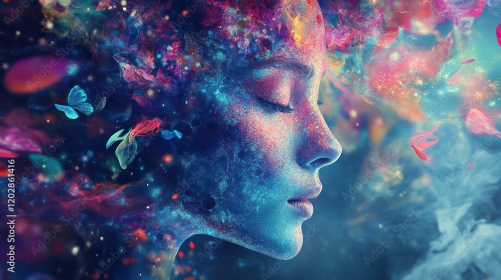 A surreal portrait blending human features with cosmic elements. A surreal portrait blending human features with cosmic elements.