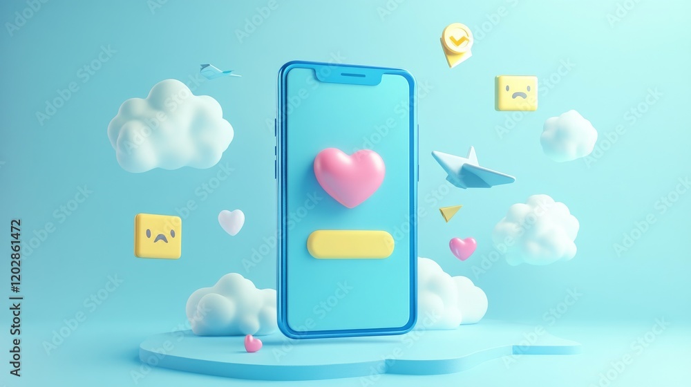 3d floating smartphone with blue metallic frame, pastel blue gradient background, playful social media chat bubbles, pink heart reactions floating, smiling yellow emoji characters, fluffy white 3d floating smartphone with blue metallic frame, pastel blue gradient background, playful social media chat bubbles, pink heart reactions floating, smiling yellow emoji characters, fluffy white