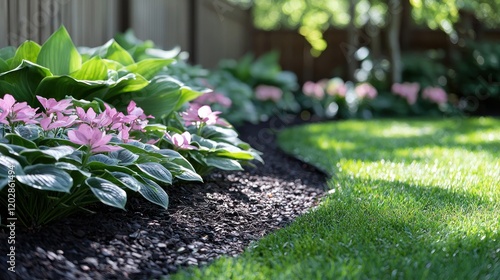 Fototapeta Naklejka Na Ścianę i Meble -  Backyard garden with pink flowers, lush foliage, and lawn