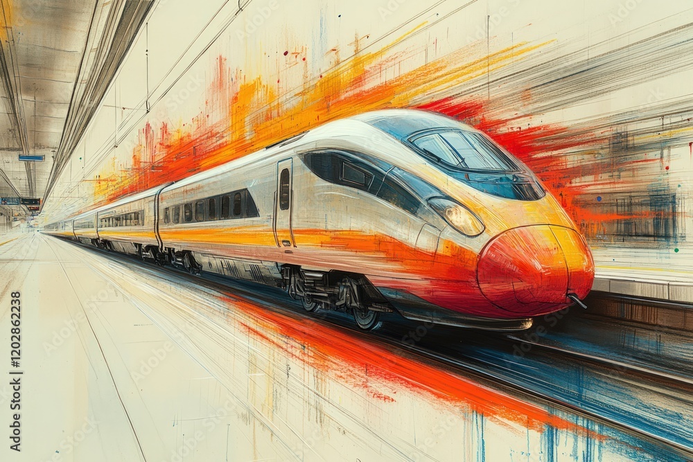Fototapeta premium High-speed train, vibrant colors, artistic motion blur.