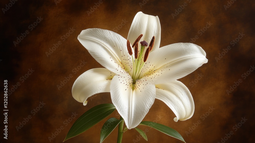 Fototapeta premium Elegant White Lily Against a Warm Brown Backdrop - Perfect for Floral Decor