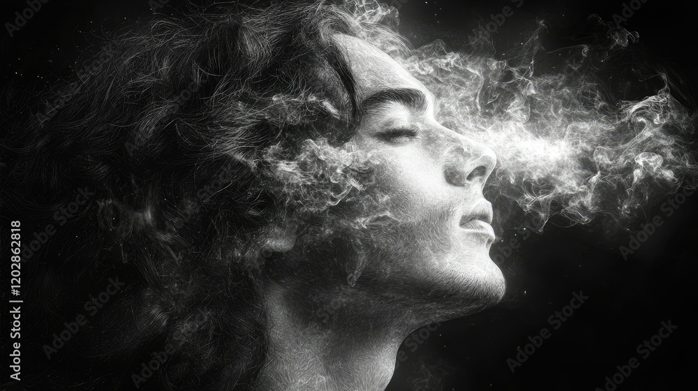 A serene profile of a person exhaling smoke, blending human form with ethereal elements. A serene profile of a person exhaling smoke, blending human form with ethereal elements.