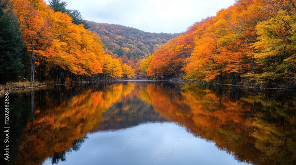 Autumn foliage reflected in calm lake, mountain valley background, scenic nature wallpaper Autumn foliage reflected in calm lake, mountain valley background, scenic nature wallpaper