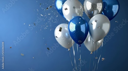 Colorful balloons burst with confetti in a festive celebration against a blue background