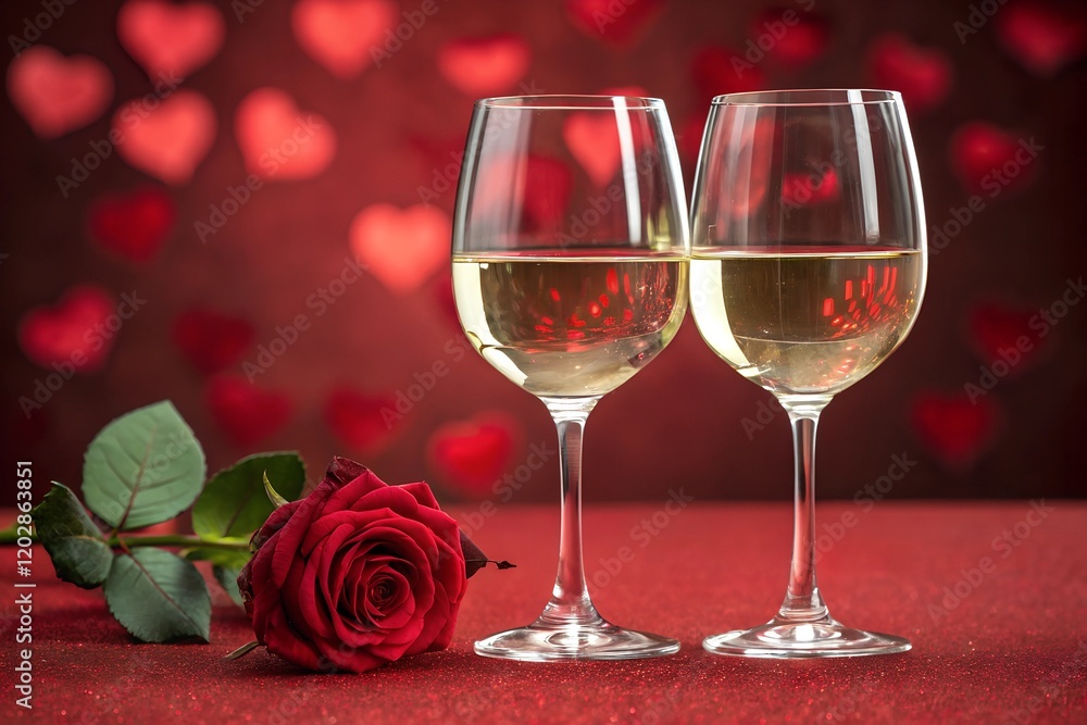 Elegant white wine and a red rose create a romantic atmosphere for a special occasion or celebration Elegant white wine and a red rose create a romantic atmosphere for a special occasion or celebration