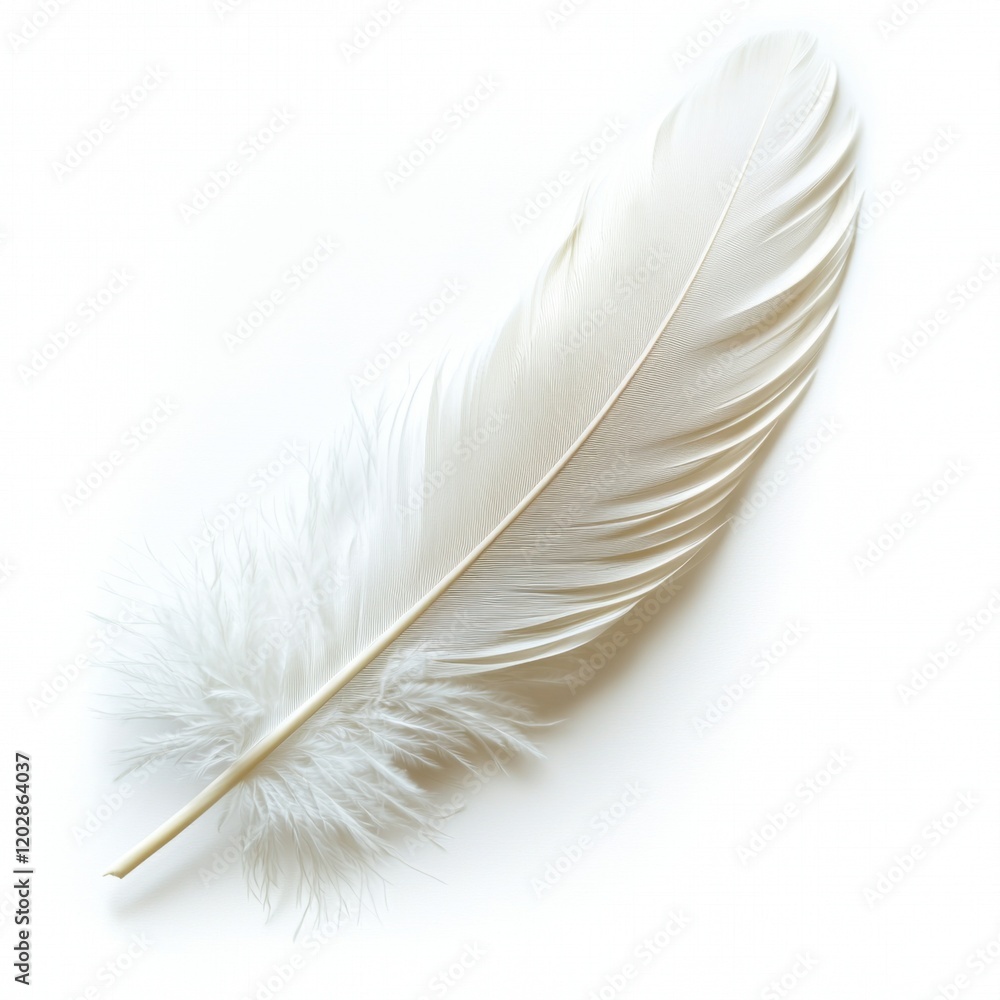 Obraz premium Soft aesthetic of nature delicate white feather on pure background in minimalist close-up photography