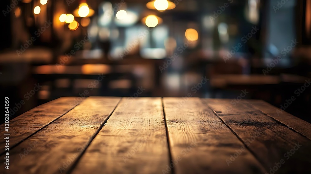 Empty wooden table surface with a blurred kitchen background Empty wooden table surface with a blurred kitchen background