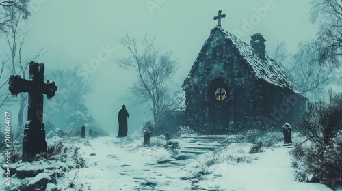 Mysterious figure in a snowy graveyard near an ancient stone chapel under a foggy sky