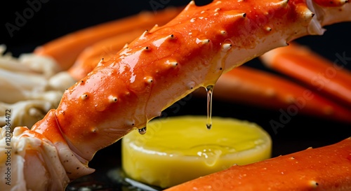 A close-up of king crab legs with butter dripping off the tender meat. photo