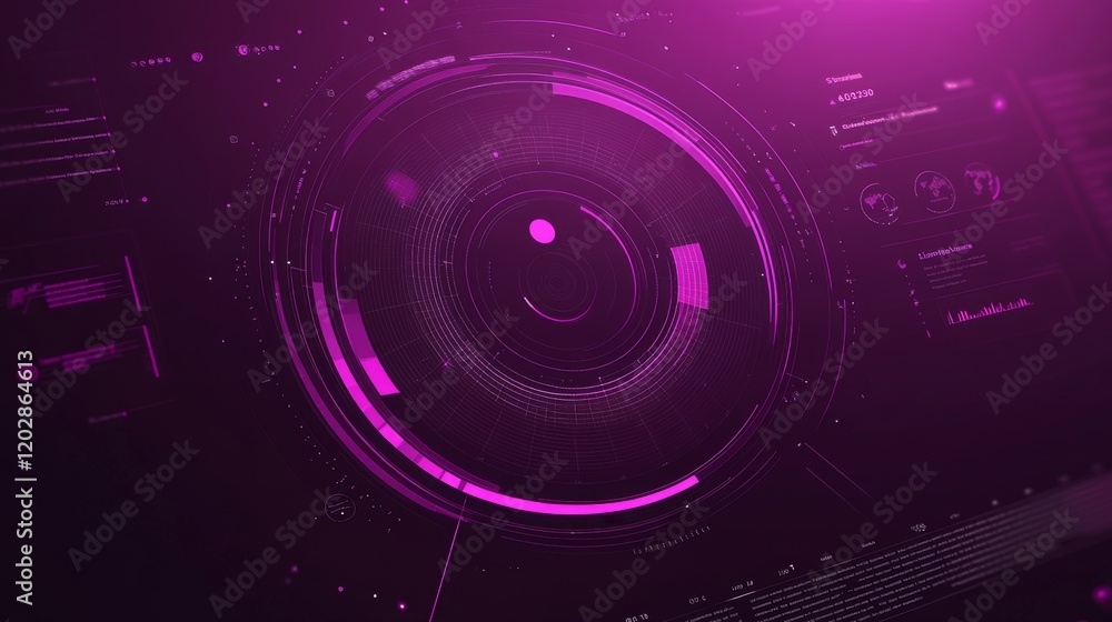 Marketing intelligence screen display, circular orbital design elements, deep purple environment, business analytics interface, statistical charts presentation, magnifying tool symbol, minimalist Marketing intelligence screen display, circular orbital design elements, deep purple environment, business analytics interface, statistical charts presentation, magnifying tool symbol, minimalist