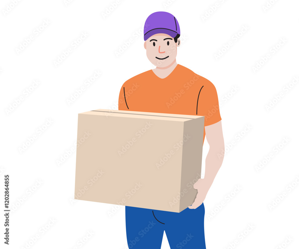 Courier young person working package delivery - man holding a box flat illustration Courier young person working package delivery - man holding a box flat illustration