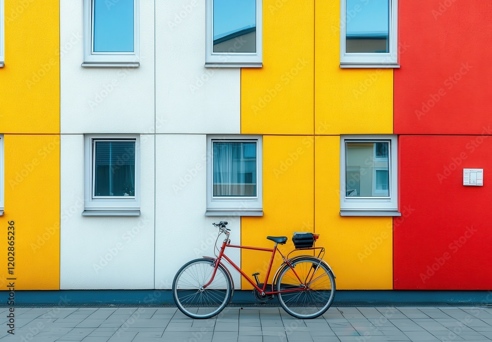 Bicycle Leaning Against Vibrant Wall with Colorful Panels Depicting Modern Urban Architecture and City Life in an Artistic Perspective Bicycle Leaning Against Vibrant Wall with Colorful Panels Depicting Modern Urban Architecture and City Life in an Artistic Perspective
