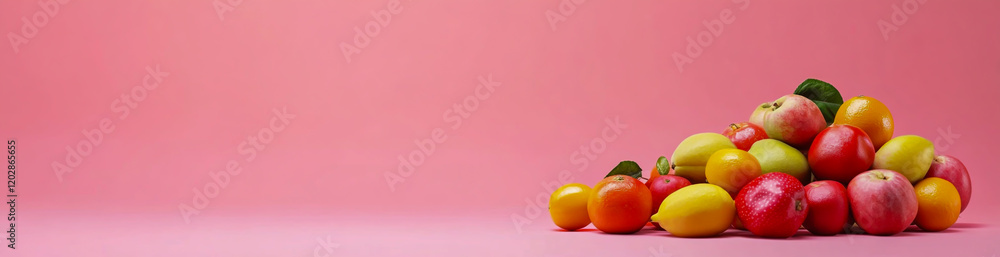 A vibrant and colorful arrangement of fresh fruit arranged on a soft pink background with ample copy space for text. A vibrant and colorful arrangement of fresh fruit arranged on a soft pink background with ample copy space for text.