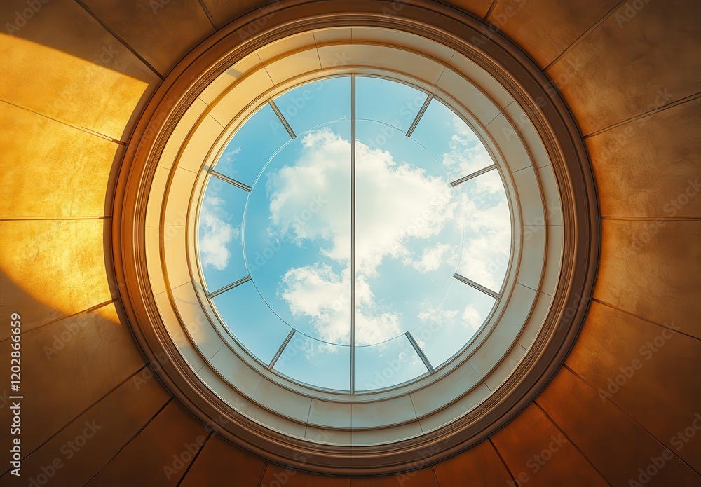 Fototapeta premium Circular skylight illuminating a serene blue sky with soft clouds through a round window, casting warm light on elegant architectural features indoors
