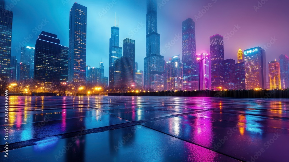Fototapeta premium A vibrant city skyline illuminated by neon lights in the fog.