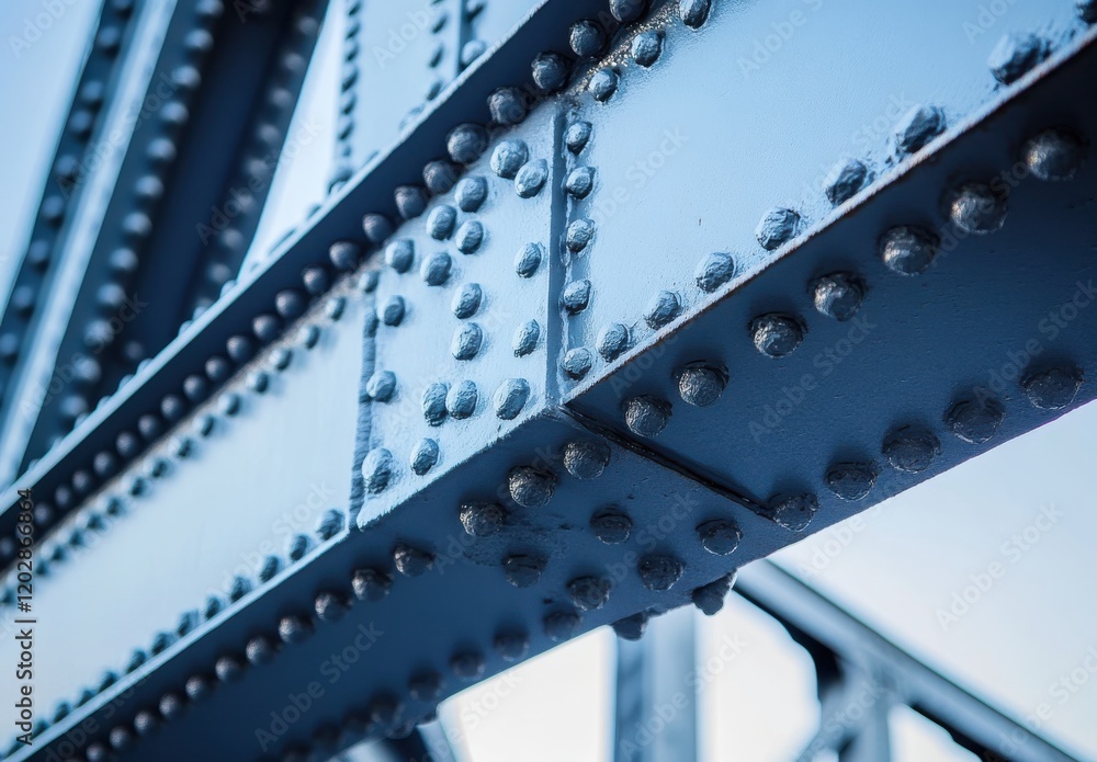 Fototapeta premium Close-Up View of Industrial Steel Structure Featuring Bolts and Rivets on a Modern Bridge in Bright Daylight with Clear Blue Sky Background