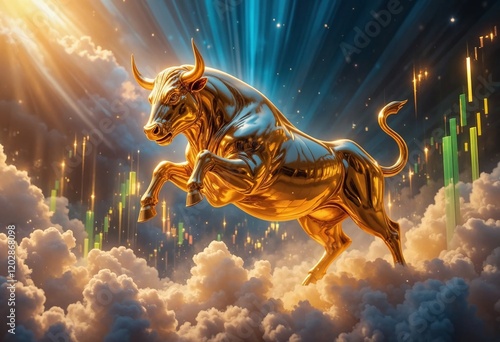 Golden bull leaping among clouds, symbolizing a thriving bull market in trading. photo