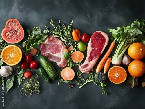 A creative display of a whole30 dinner, featuring whole foods like vegetables, fruits