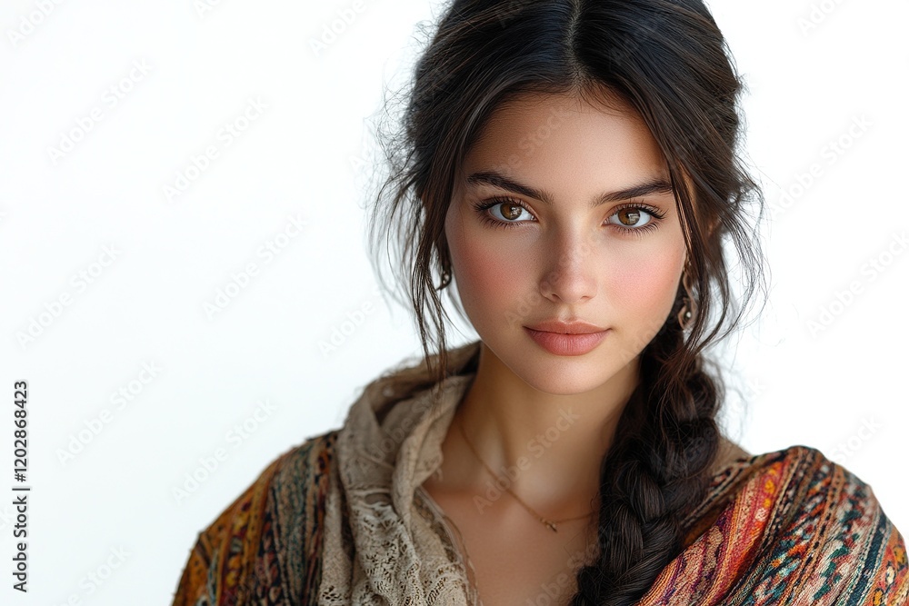 A close-up portrait of a young woman with a braided hairstyle, wearing a colorful shawl.
